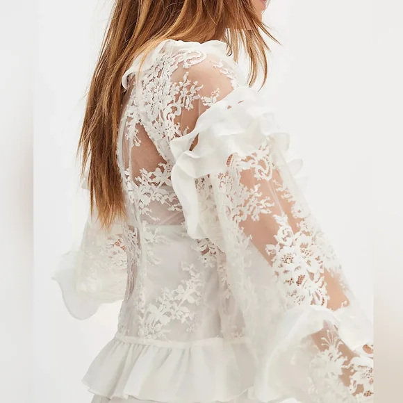 For Love & Lemons Holiday Lace Blouse (SAMPLE) Silk Top S Romantic Sheer Lace - Picture 7 of 16